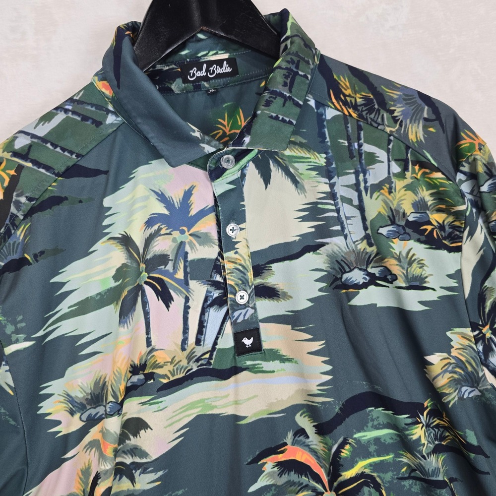 Bad Birdie Mens XL Tropical Palm Tree Golf Polo Performance Shirt Green Teal